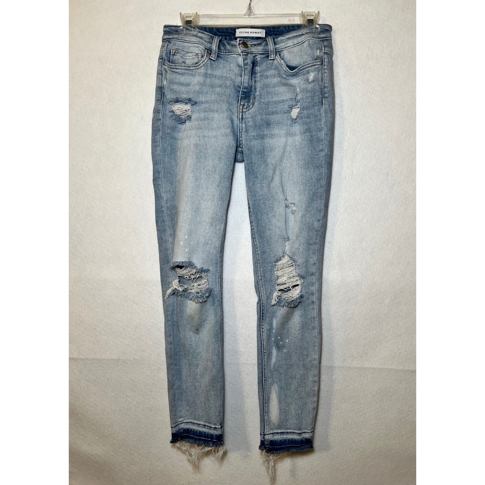 Flying Monkey Distressed Streetwear Skinny Jeans Light Wash Frayed Hem Women 28